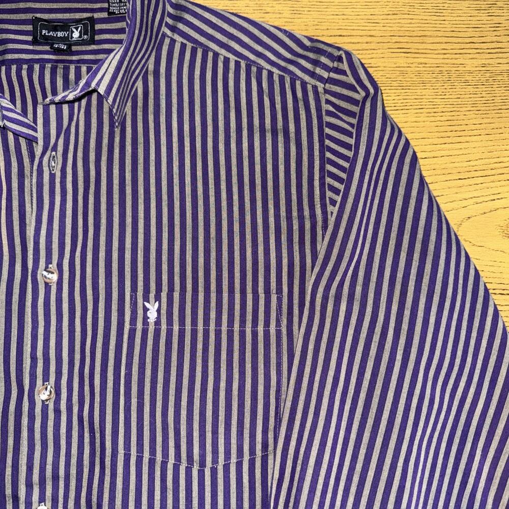 VTG Playboy Mens Sz M Purple Gray Striped Button Front Shirt Bunny Logo Pocket